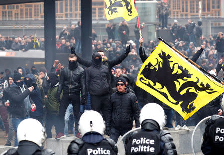 Far-right supporters attend a protest against Marrakesh Migration Pact in Brussels, Belgium December 16, 2018. REUTERS/Francois Lenoir