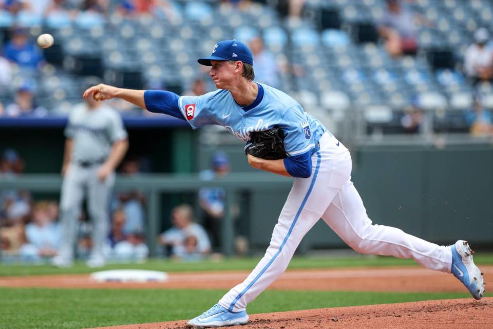 Kansas City Royals starting pitcher Brady Singer delivers against the Miami Marlins during Wednesday afternoon’s game at Kauffman Stadium.