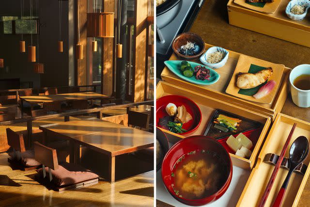 <p>Max Houtzager</p> From left: The dining room at Hoshinoya; the hotel's bento-box breakfast.