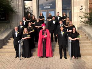 Picture One:
Covington Latin School’s Graduating Class of 2021 – 18 graduating seniors along with Bishop Foys on the steps of Coving Latin School.  Together these seniors received $3.2 million in scholarship offers.