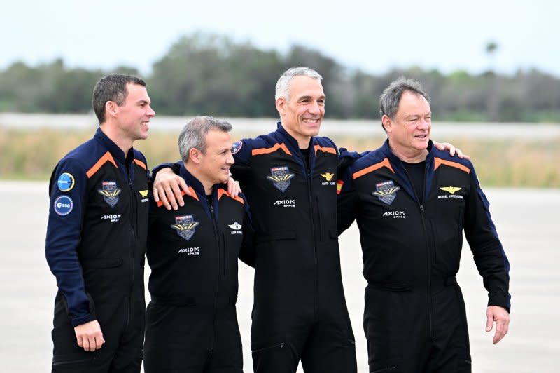 The Axiom 3 crew pose Thursday at the Kennedy Space Center in Florida. The crew includes (L to R) ESA astronaut Marcus Wandt, mission specialist Alper Gezeravci, pilot Walter Villadei and commander Michael Lopez-Alegria. Photo by Joe Marino/UPI