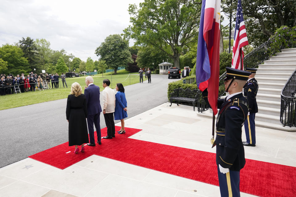 President Joe Biden and first lady Jill Biden welcome Philippines President Ferdinand Marcos Jr. and his wife Louise Araneta Marcos as they arrive at the White House in Washington, Monday, May 1, 2023. (AP Photo/Carolyn Kaster)