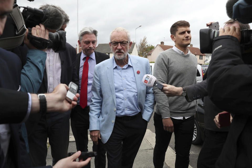 Britain's main opposition Labour Party leader Jeremy Corbyn during a visit to St Ninian's Church community centre in Dunfermline, Scotland, on the first day of a three day tour of Scottish constituencies, Thursday Aug. 29, 2019. Briain's Prime Minister Boris Johnson has made an audacious proposition to enable his government's Brexit plan, to suspend parliament for key weeks ahead of Britain's Oct. 31 Brexit departure date. (Andrew Milligan/PA via AP)