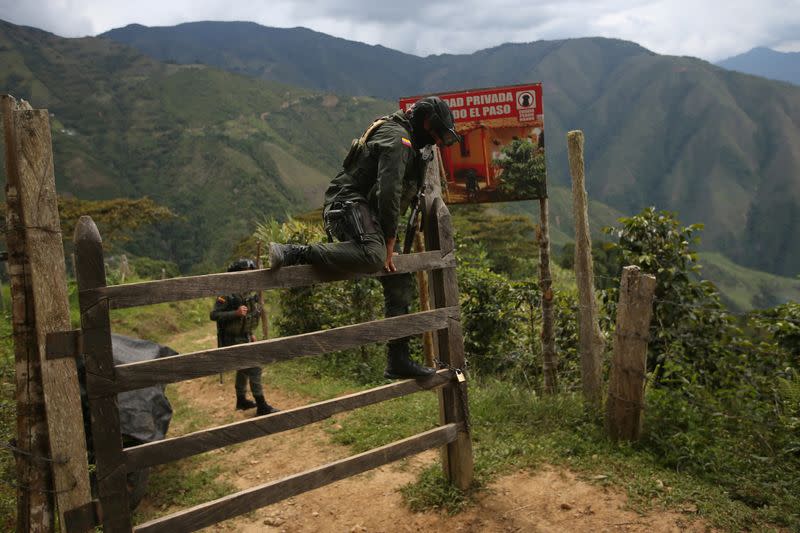 Foto de archivo. Un policía salta por una puerta de madera para acceder a un camino que conduce a una mina ilegal en Buriticá