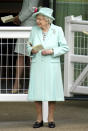 Britain's Queen Elizabeth II looks on, during day five of of the Royal Ascot horserace meeting, at Ascot Racecourse, in Ascot, England, Saturday June 19, 2021. (Andrew Matthews/PA via AP)