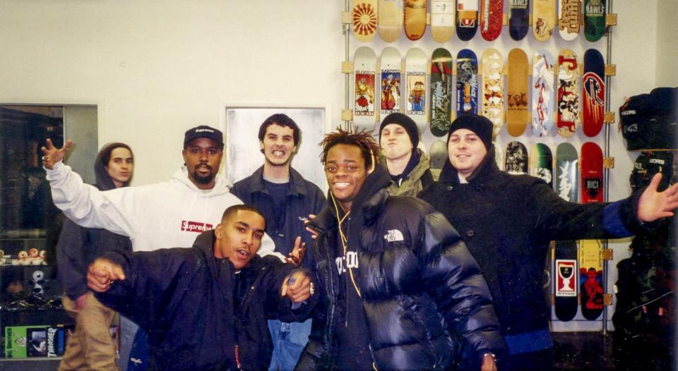 Original Supreme crew (from left) Quim Cardona, Chappy, Keenan Milton, Gino Iannucci, Harold Hunter, Keith Hufnagel, and Jon Buscemi in 1996.