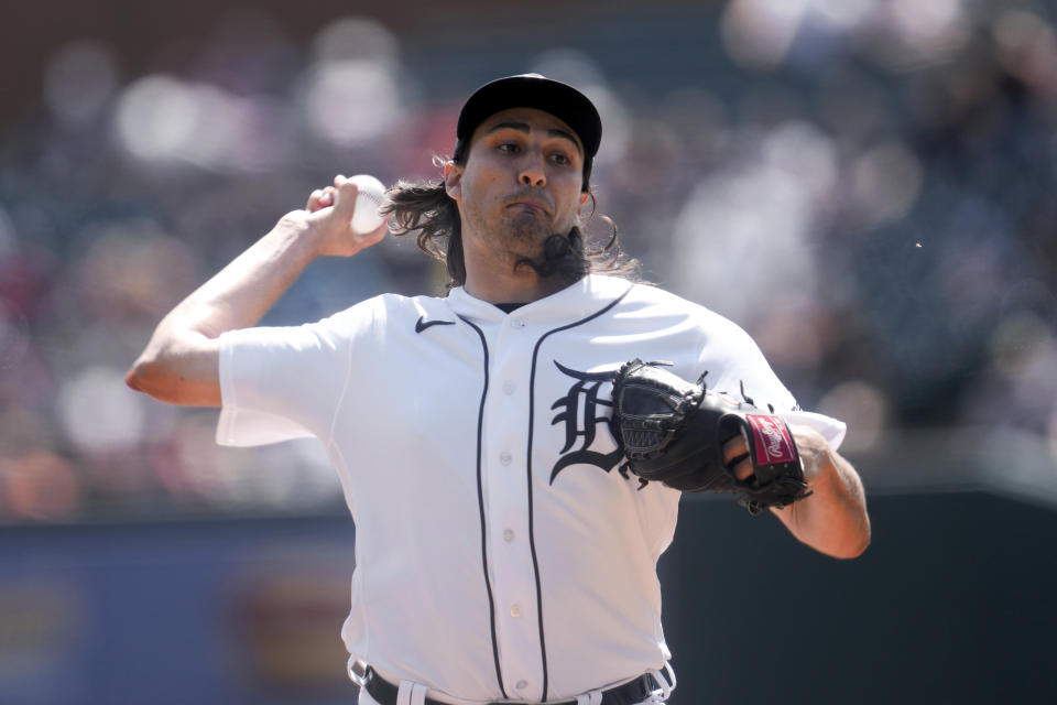 Detroit Tigers pitcher Alex Faedo throws against the Houston Astros in the first inning of a baseball game, Sunday, Aug. 27, 2023, in Detroit. (AP Photo/Paul Sancya)