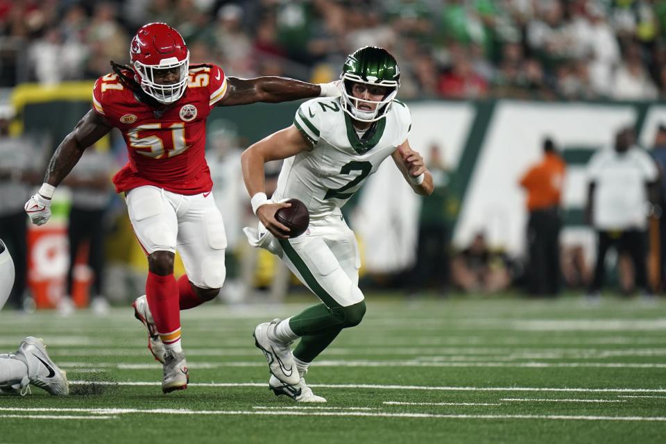 New York Jets quarterback Zach Wilson scambles during game, Sunday, Oct. 1, 2023 in East Rutherford, N.J. The Chiefs won 23-20. | Vera Nieuwenhuis, Associated Press