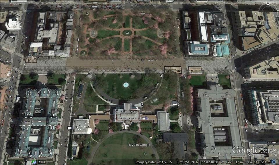 Lafayette Square (also called Lafayette Park) is located just north of the White House on Pennsylvania Avenue. Satellite imagery was vital to discovering the solstice alignments.