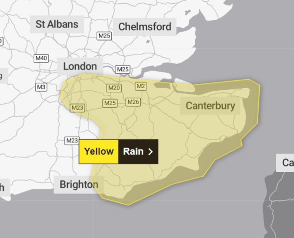 The warning for the southeast begins at 3pm today and is in place until 9am Monday (Met Office)