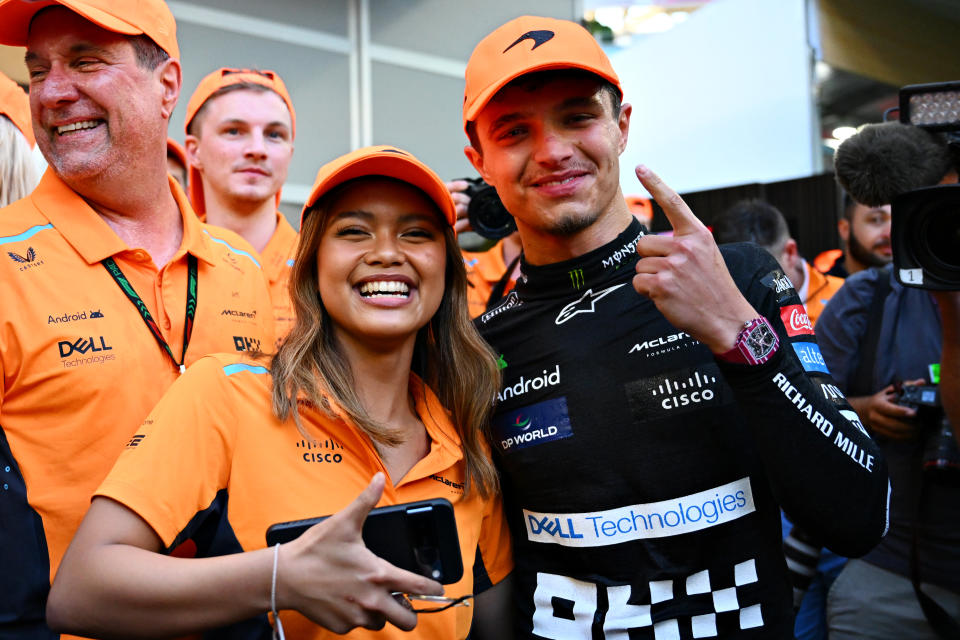 MIAMI, FLORIDA - MAY 05: Race winner Lando Norris of Great Britain and McLaren celebrates his victory with Bianca Bustamante of Philippines and ART Grand Prix (16) after the F1 Grand Prix of Miami at Miami International Autodrome on May 05, 2024 in Miami, Florida. (Photo by Clive Mason/Getty Images)