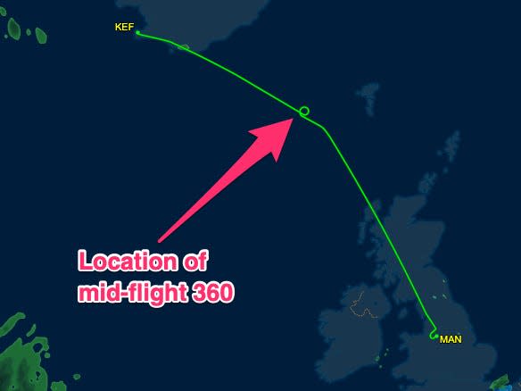 Location of mid-flight 360 on flight from Iceland to Manchester