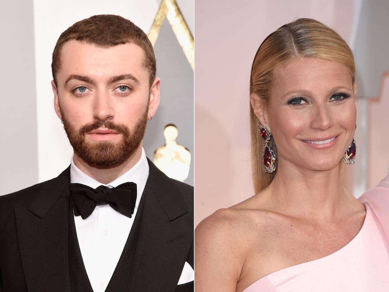 Singer Sam Smith attends the 88th Annual Academy Awards at Hollywood & Highland Center on February 28, 2016 in Hollywood, California. Actress Gwyneth Paltrow attends the 87th Annual Academy Awards at Hollywood & Highland Center on February 22, 2015 in Hollywood, California (Getty)