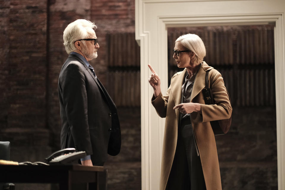 This image released by HBO Max shows Bradley Whitford, left, and Allison Janney in a scene from "A West Wing Special to Benefit When We All Vote," a stage presentation of the “Hartsfield’s Landing” episode from the third season of "The West Wing" TV series, debuting Thursday on HBO Max. (Eddy Chen/HBO Max via AP)