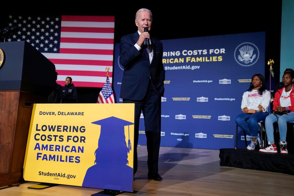 President Joe Biden speaks about student loan debt relief at Delaware State University in October.