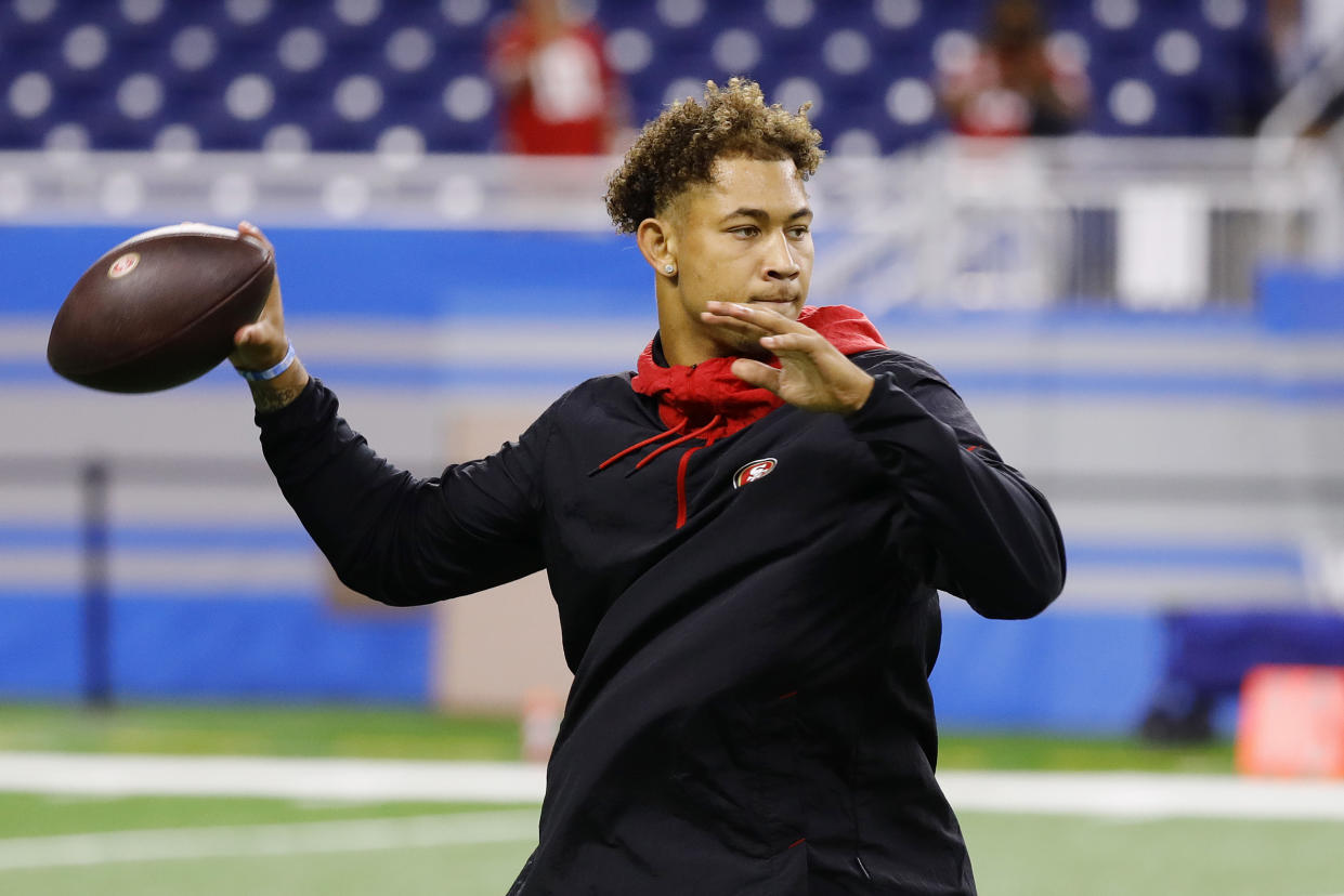 DETROIT, MICHIGAN - SEPTEMBER 12: Trey Lance #5 of the San Francisco 49ers warms up prior to the game against the Detroit Lions at Ford Field on September 12, 2021 in Detroit, Michigan. (Photo by Leon Halip/Getty Images)