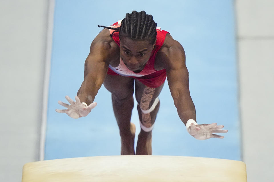 Khoi Young competes on the vault at the United States Gymnastics Olympic Trials on Thursday, June 27, 2024 in Minneapolis. (AP Photo/Charlie Riedel)