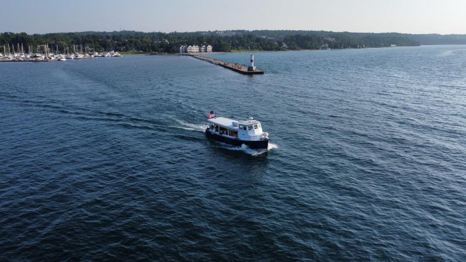 An aerial shot of the Little Traverse Bay Ferry Co.'s ferry in Petoskey's Little Traverse Bay.