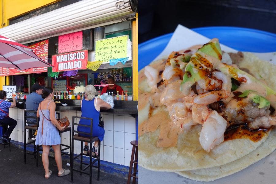 Fuerte sabor a mayonesa sobresatura taco de New York con camarón de “Mariscos Hidalgo” en Tijuana