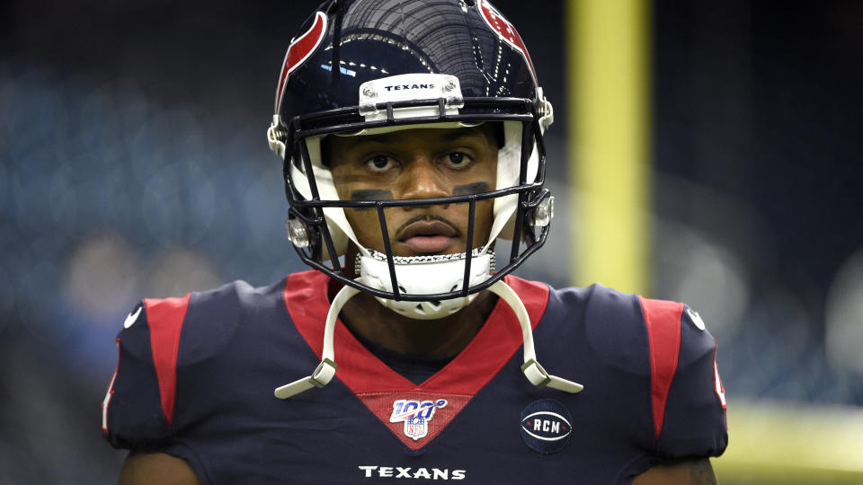 Houston Texans quarterback Deshaun Watson warms up before a preseason NFL football game against the Los Angeles Rams Thursday, Aug. 29, 2019, in Houston. (AP Photo/Eric Christian Smith)