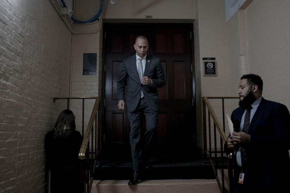 Democratic Caucus Chairman Hakeem Jeffries (D-N.Y.) leaves a meeting with the House Democratic Caucus in the basement of the Capitol in Washington, D.C., on Dec. 17, 2019. | Gabriella Demczuk for TIME