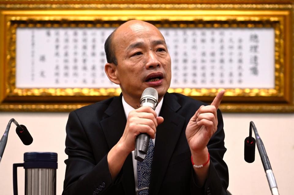 Kaohsiung Mayor Han Guo-Yu gestures during a press conference after meeting with Chairman of Taiwans main opposition Kuomintang (KMT) Wu Den-yih in Taipei in April 30, 2019. (Photo by Sam YEH / AFP)        (Photo credit should read SAM YEH/AFP/Getty Images)
