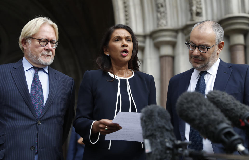 Anti Brexit campaigner Gina Miller speaks to the media outside the High Court in London, Friday, Sept. 6, 2019. The High Court has rejected a claim that Prime Minister Boris Johnson is acting unlawfully in suspending Parliament for several weeks ahead of the country’s scheduled departure from the European Union. (AP Photo/Alastair Grant)