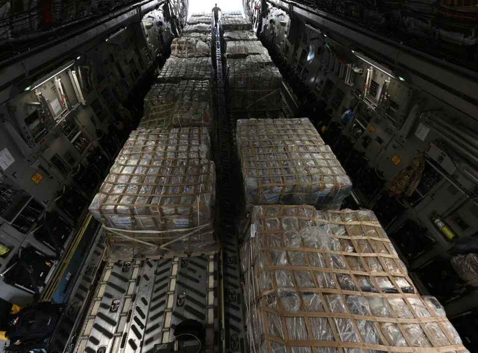 A photo provided by the U.S. military shows humanitarian supplies bound for Gaza loaded on a U.S. Air Force C-17 that transported them to Egypt on Tuesday, Nov. 28, 2023. / Credit: U.S. Central Command