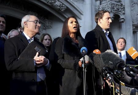 Gina Miller (C) speaks outside the Supreme Court following the decision of a court ruling that Theresa May's government requires parliamentary approval to start the process of leaving the European Union, in Parliament Square, central London, Britain, January 24, 2017. REUTERS/Jonathan Brady/Pool