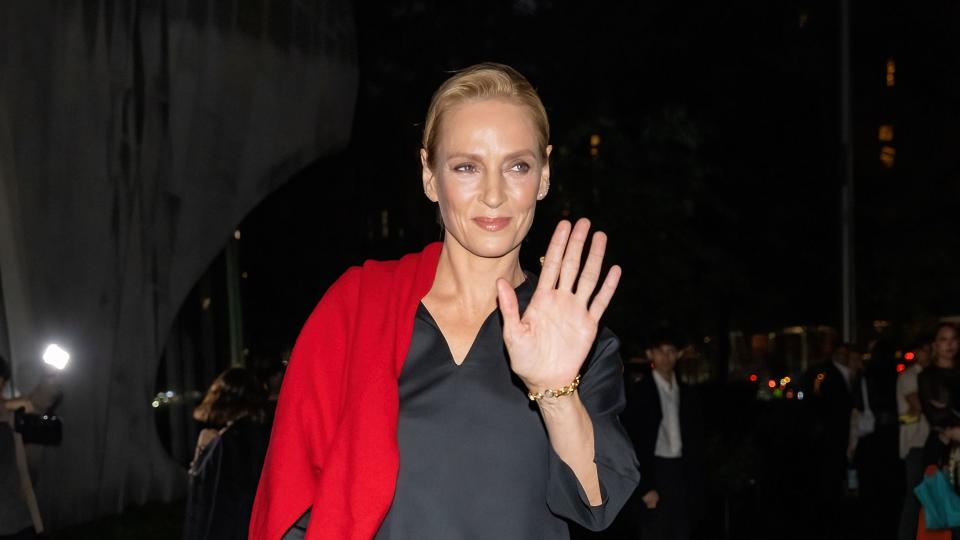 new york, new york september 11 actress uma thurman is seen arriving to the tory burch springsummer 2024 runway show during new york fashion week at domino park on september 11, 2023 in new york city photo by gilbert carrasquillogc images