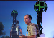 SAN FRANCISCO, CA - JUNE 06: Luc Vincent, Google Engineering Director for Street View, demonstrates a backpack camera called Trekker during a news conference about Google Maps on June 6, 2012 in San Francisco, California. Google announced new upgrades to Google maps including a feature to download maps and view offline, better 3D mapping and a backpack camera backpack camera device called Trekker that will allow Street View to go offroad on hiking trails and places only accessible by foot. (Photo by Justin Sullivan/Getty Images)