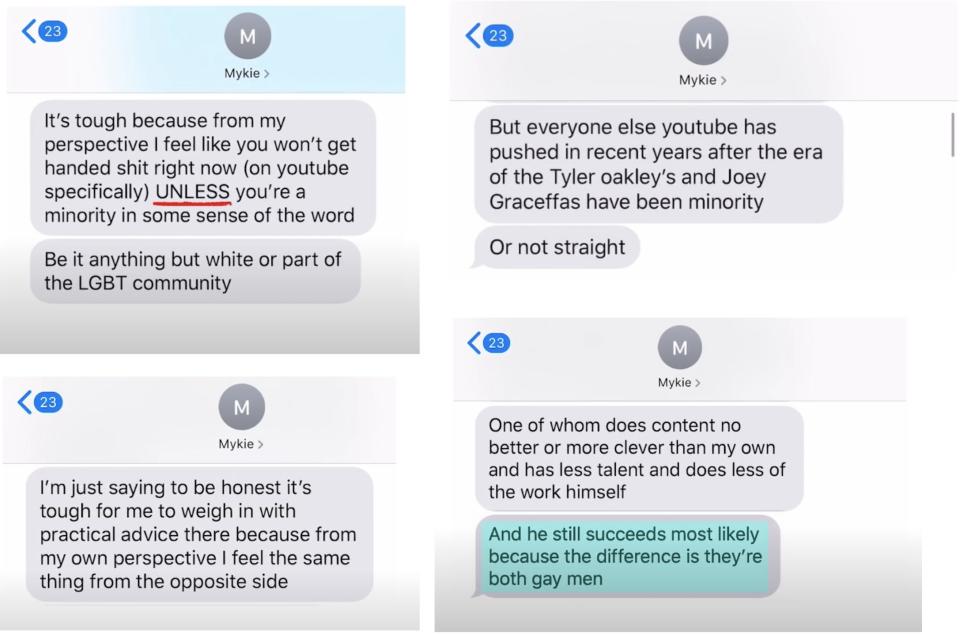 Valentine shared texts from Mychal that she says showed her saying James Charles has "less talent" and "still succeeds" because he's gay.