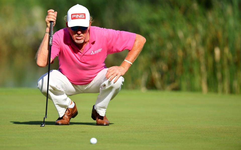 Miguel Angel Jimenez of Spain pictured lining up a birdie putt on the 18th green during day two of the Austrian Open - Getty Images