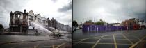 LONDON, ENGLAND - JULY 23: In this composite image (Left Photo) Fire officers damp down smouldering buildings on London Road on August 9, 2011 in Croydon, England. (Right Photo) The space left by buildings destroyed by fire on London Road, in Croydon, one year on from the riots. August 6th marks the one year anniversary of the England riots, over the course of four days several London boroughs, and districts of cities and towns around England suffered widespread rioting, looting and arson as thousands took to the streets. (Peter Macdiarmid/Getty Images)
