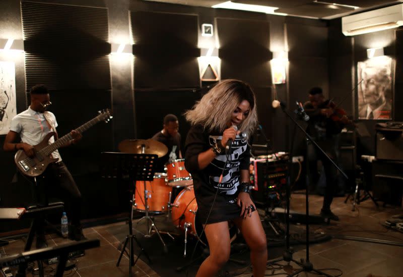 Bianca Okorocha performs during a rehearsal at the black star studio in Lagos