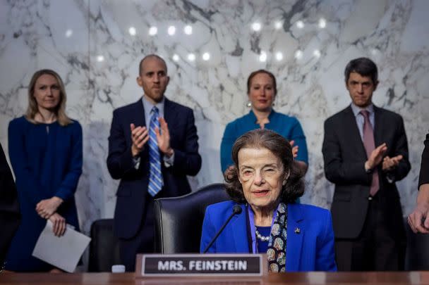 PHOTO: Sen. Dianne Feinstein takes her seat as people applaud, at a business hearing of the Senate Judiciary Committee on Capitol Hill, May 11, 2023, in Washington, D.C. (Drew Angerer/Getty Images)