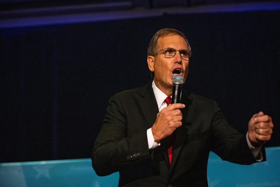 Jim Lamon speaks to a crowd of Republican voters at the party's primary debate for the U.S Senate in Phoenix on June 23, 2022.