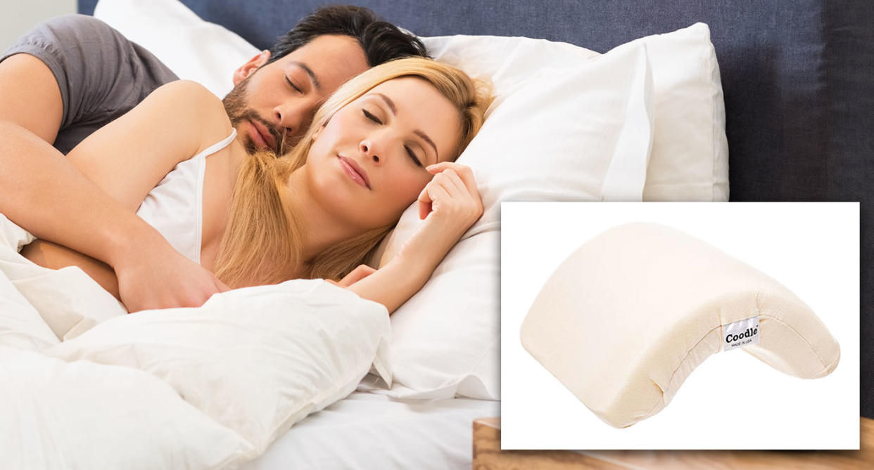 Couples can now buy a pillow to help them spoon comfortably. [Photo: Getty/Amazon]