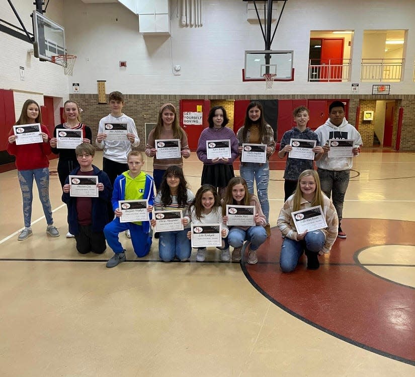 New Philadelphia's Middle School recently announced its Students of the Month. Pictured are: FRONT Preston Cox 8th (left), Braylon Walker 7th, Olivia Alexander 7th, Lila Kinkade 6th, Adelin Heil 6th, Lilli Hutchison 6th. BACK Alli Leavers 7th, Kaitrin Burnworth 7th, Alec Adelman 8th, Charlotte Sellman 8th, Kura Arnold 8th, Molly Stephen 6th, Nick Riesen 6th, Cristian Sanchez Ramirez 6th.