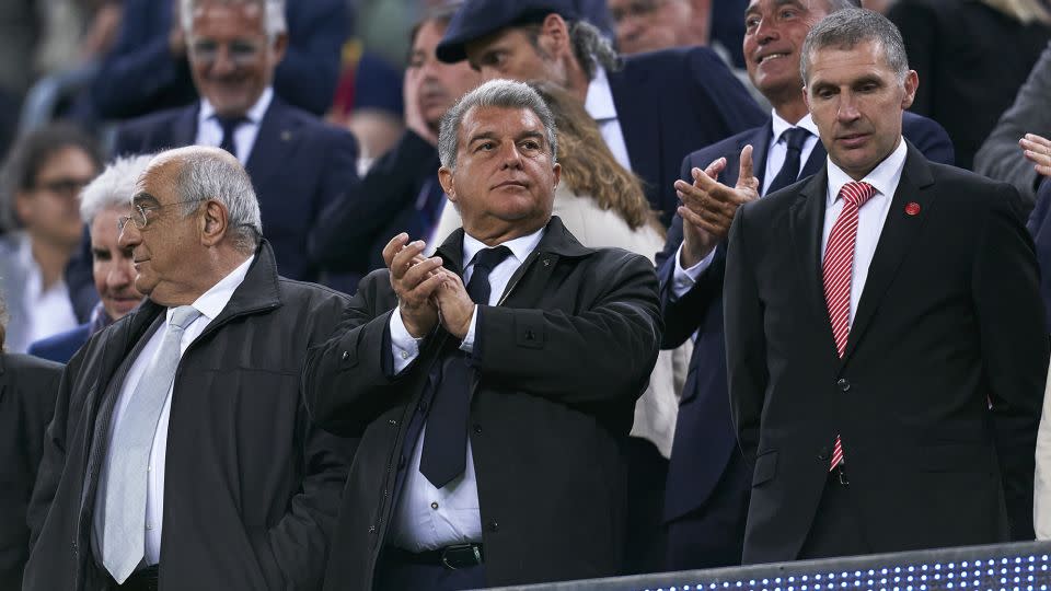 FC Barcelona president Joan Laporta (C) and Girona president Delfi Geli (R) prior to the LaLiga match between the two clubs at the Camp Nou on April 10. - Pedro Salado/Quality Sport Images/Getty Images