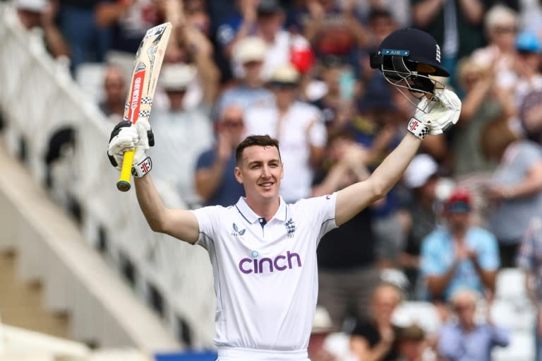 Home comfort: England's Harry Brook celebrates his century in the second Test against the West Indies at Trent Bridge (Darren Staples)