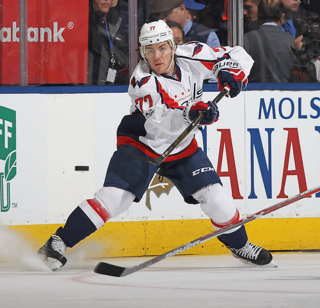 TORONTO,ON – APRIL 23: T.J. Oshie #77 of the Washington Capitals passes against the Toronto Maple Leafs in Game Six of the Eastern Conference Quarterfinals during the 2017 NHL Stanley Cup Playoffs at the Air Canada Centre on April 23, 2017 in Toronto, Ontario, Canada. (Photo by Claus Andersen/Getty Images)