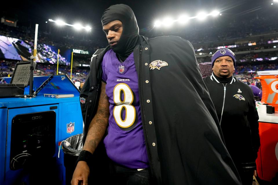 Ravens quarterback Lamar Jackson leaves the field after losing to the Chiefs in the AFC championship game.