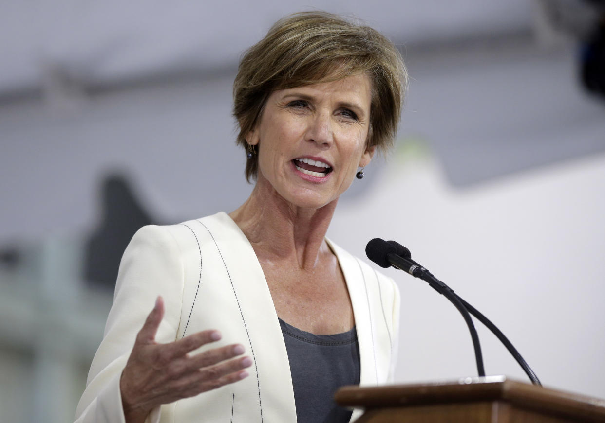 FILE - Former U.S. Deputy Attorney General Sally Yates speaks at Harvard University in Cambridge, Mass., May 24, 2017. On Monday, Jan. 30, 2023, U.S. Soccer introduced a Safe Soccer program that will require comprehensive vetting of individuals involved in the sport as the federation continues to address its investigation into coach misconduct in the National Women's Soccer League. (AP Photo/Steven Senne, File)