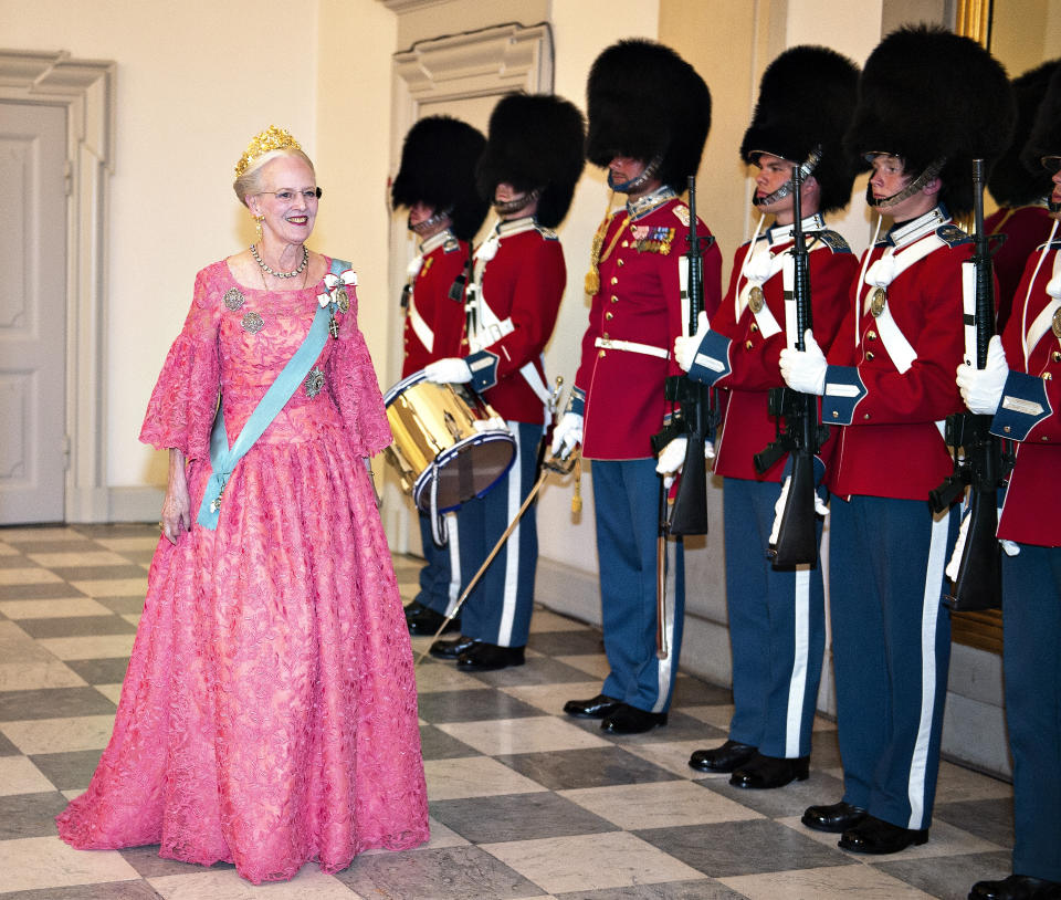 FILE - Queen Margrethe of Denmark arrives for the gala celebration of her son, Crown Prince Frederik's 50th birthday, at Christiansborg Castle, Copenhagen, May 26, 2018. Denmark’s popular monarch Queen Margrethe is marking 50 years on the throne with low-key events on Friday Jan. 14, 2022. The public celebrations of Friday's anniversary have been delayed until September due to the pandemic. (Henning Bagger/Ritzau Scanpix via AP)