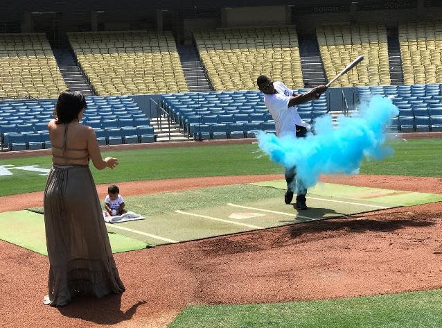 Yasiel Puig and his girlfriend Andrea started Players Weekend with a gender reveal at Dodger Stadium. (MLB)