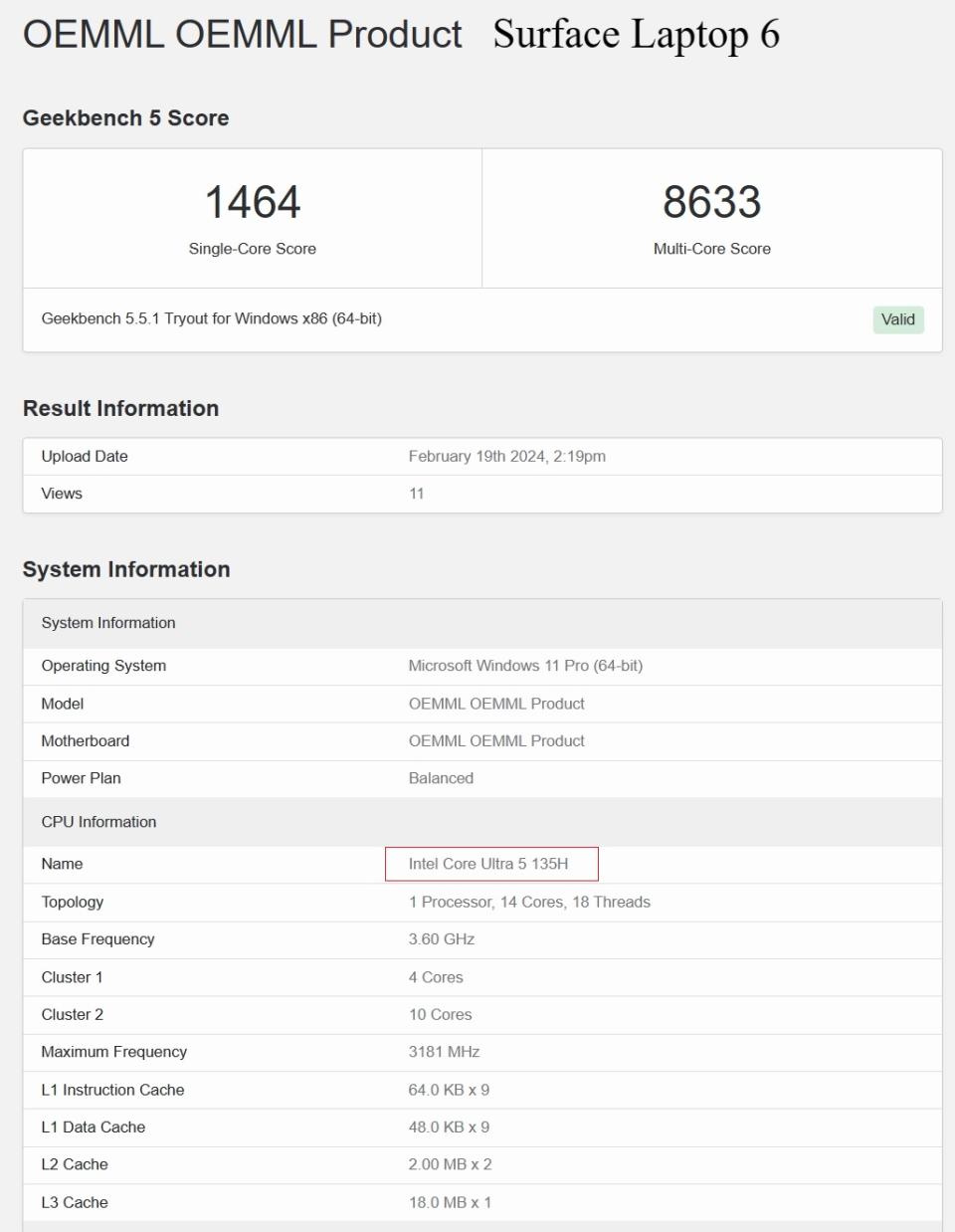 Microsoft Surface Laptop 6 benchmark scores