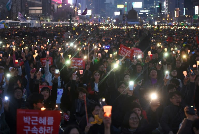 A candlelit rally in Seoul on March 11, 2017 to demand the arrest of Park Geun-Hye