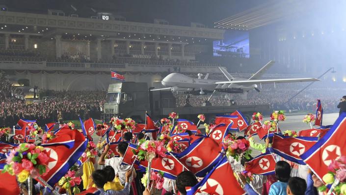 The North Korean government says this is an attack drone, seen during a military parade in the country on July 27, 2023. (Korean Central News Agency/Korea News Service via AP)