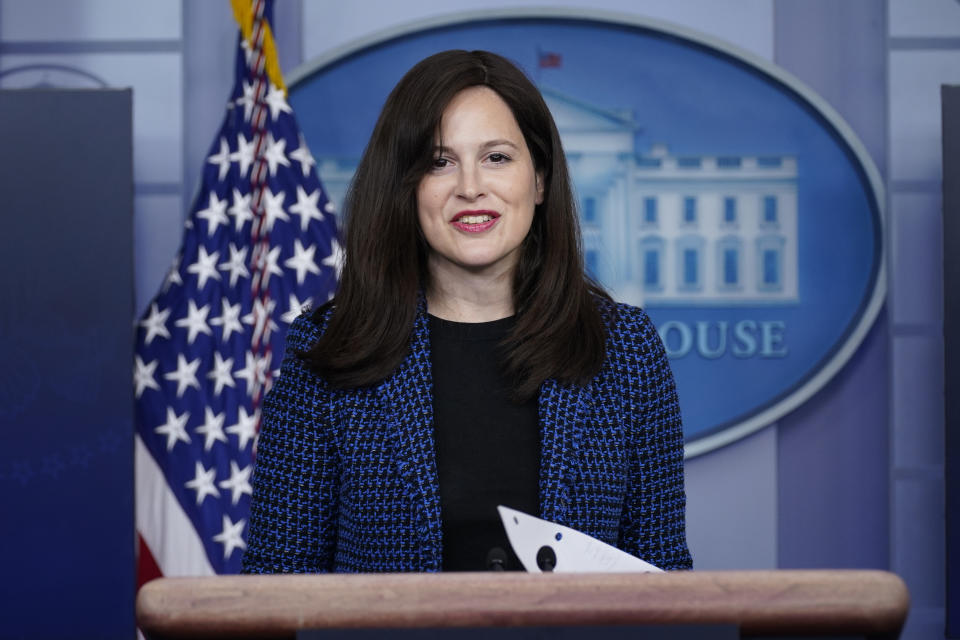 White House deputy national security adviser Anne Neuberger speaks during a press briefing, Wednesday, Feb. 17, 2021, in Washington. (AP Photo/Evan Vucci)